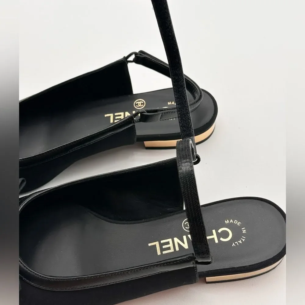 Chanel 2024 CC Logo Black Bow Grosgrain Slingback Ballerina Flats EU 37